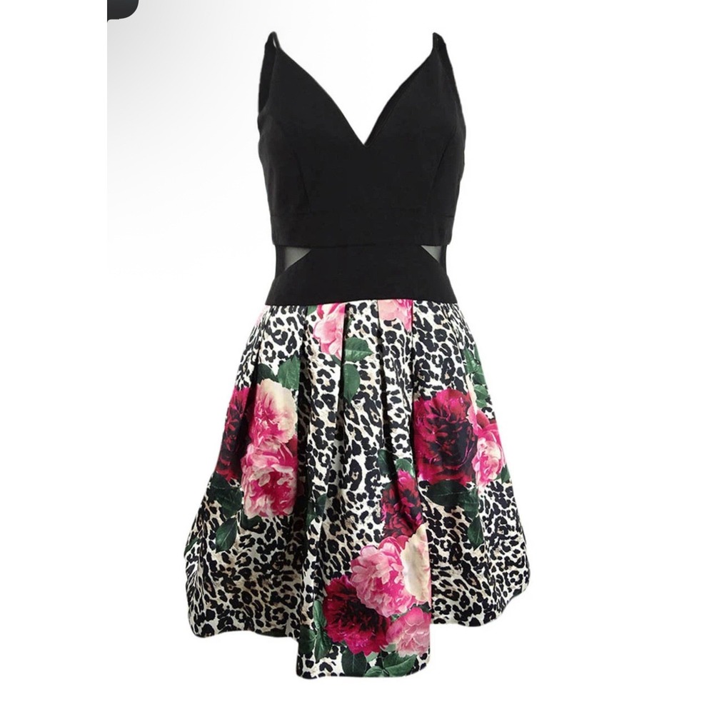 Xscape Women's Mixed-Print Fit‎ & Flare Dress Size 0 Black Multi